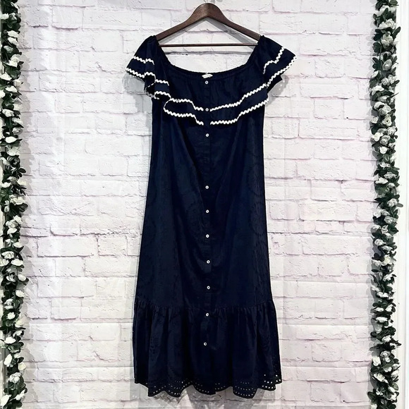 Monsoon Off The Shoulder Embroidered Maxi‎ Dress Cotton Navy Ruffle Size Large - Picture 2 of 11
